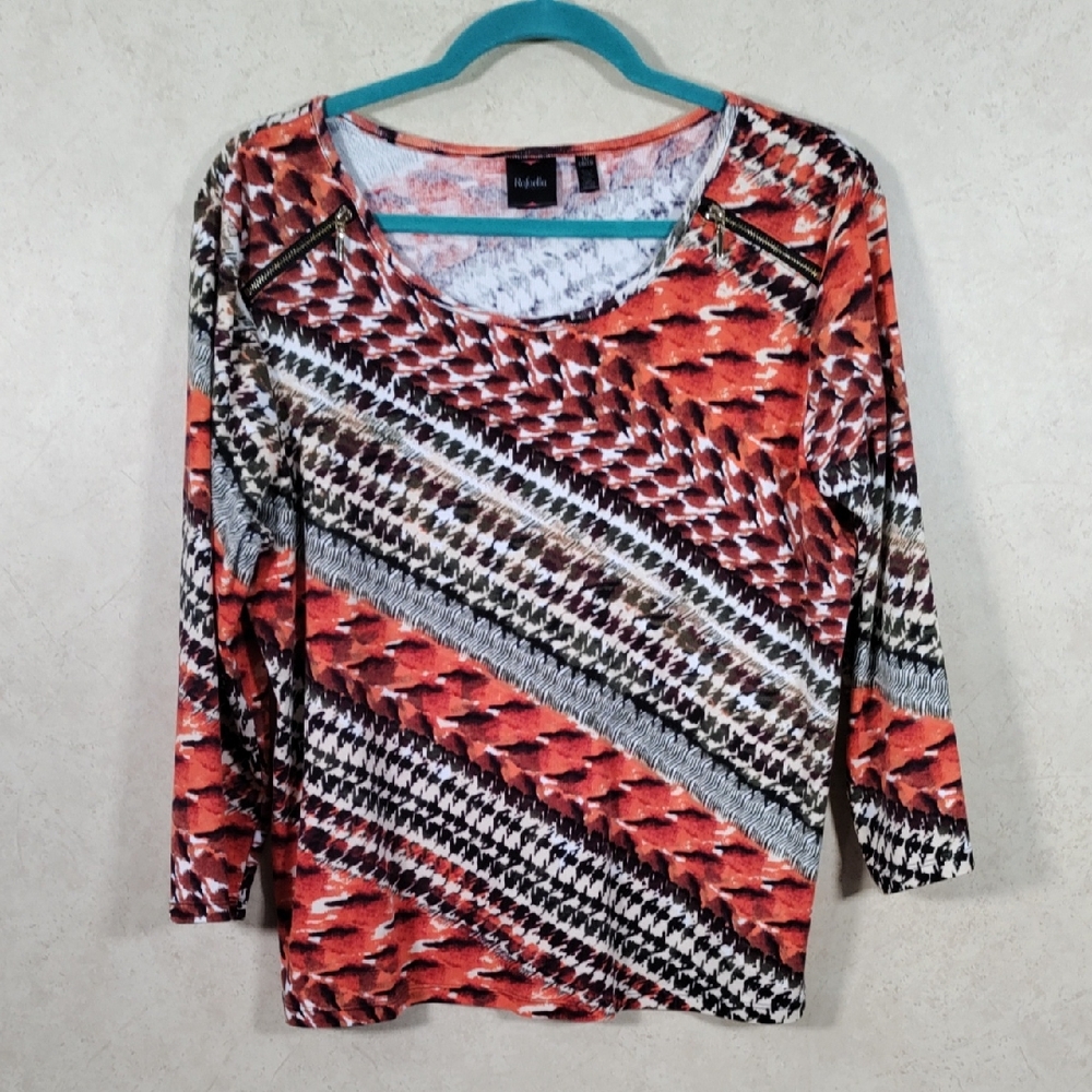 D181 Rafaella rust & green 3/4 sleeve knit top w/zippers XL